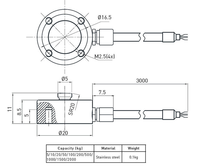 Micro tipo pilha de carga com de aço inoxidável, sensor 100kg do botão da pilha de carga do calibre de tensão