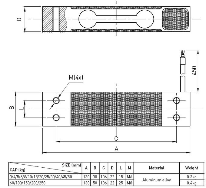 Único calibre de tensão de alumínio da pilha de carga do ponto para a escala de peso 3kg a 250kg